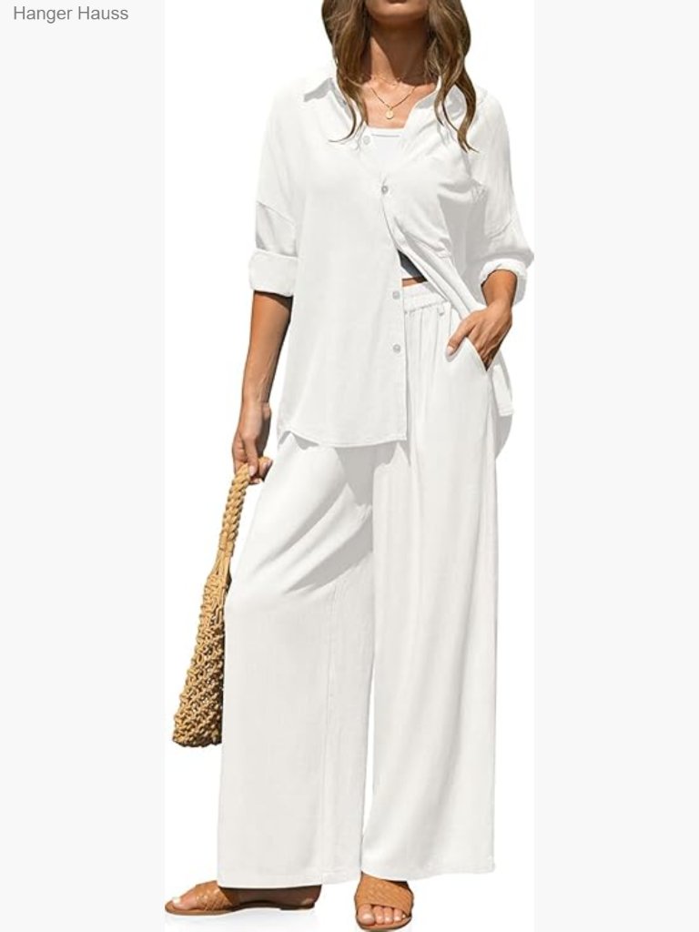 Linen 2 Piece Lounge Set Button Down Shirt Wide Leg Pants